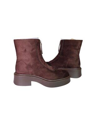 Womens Size 7.5 Brown Suede Platform Ankle Boots with Front Zipper Closure